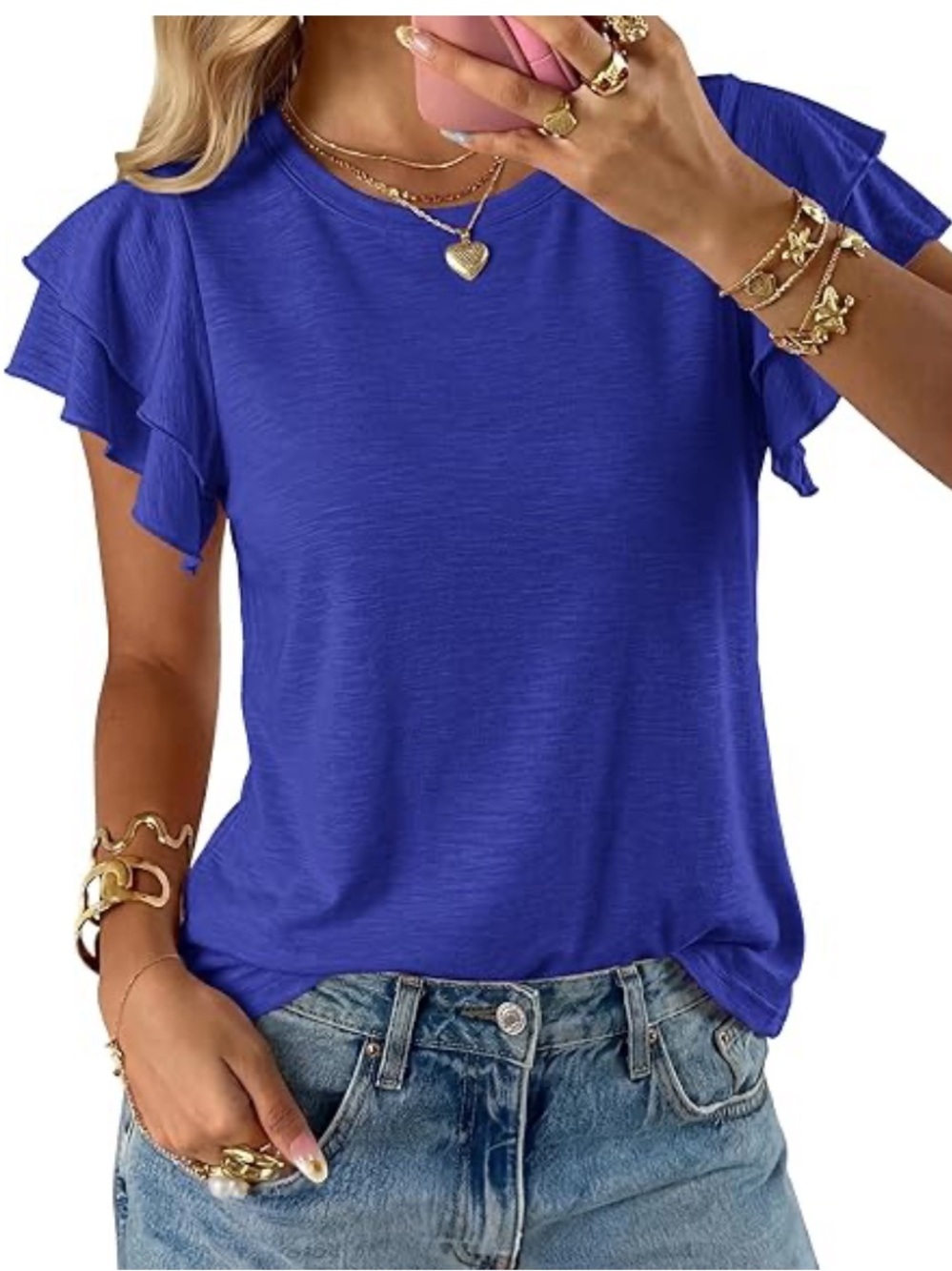 Women's Ruffle Sleeve Tee in Royal Blue Size M Casual Cobalt Minimalist Brand